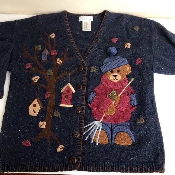 Mandal Bay Teddy Bear Blue Button Front V Neck Long Sleeve Cardigan Size Large - Picture 12 of 12